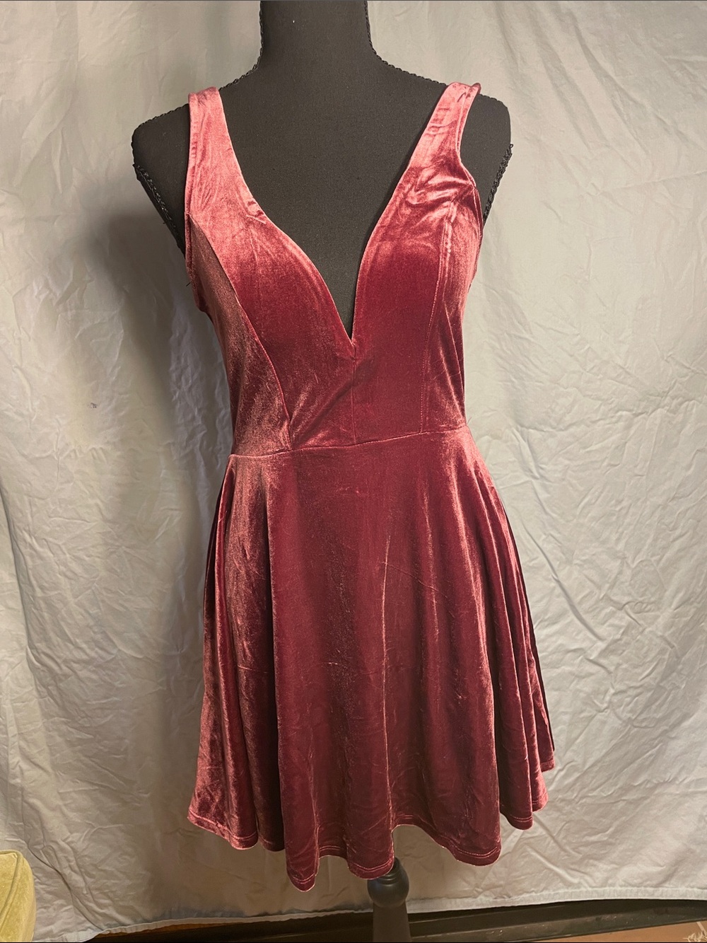 Express Velvet Deep V-Skater Dress in Rose